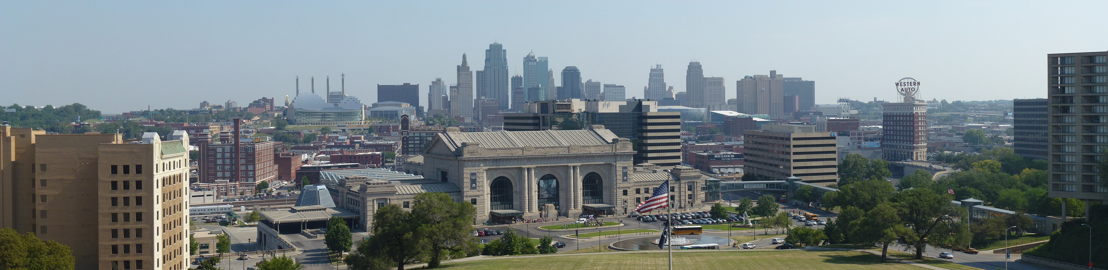 Daylight over Union Station, the Kauffman Center, and the downtown Kansas City skyline, seen from Liberty Memorial.